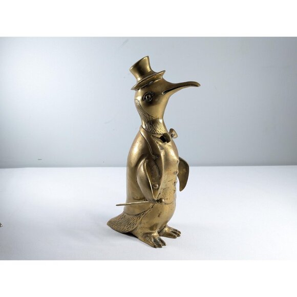 Vintage Large 13.5" brass Penguin figurine, Dapper penguin ornament top hat and - Picture 4 of 10